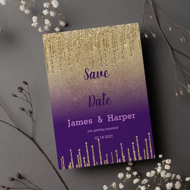 Convites Escrita ombre púrpura glitter ombre scrip Salvar d (Purple gold glitter ombre drip scrip Save the Date)