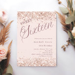 Convites Escrita rosa-pente moderna Sweet 16<br><div class="desc">Um 16 convite moderno. Um fundo cor-de-rosa suave e esbranquiçado e a palavra dezesseis escrita com letras grandes. Decorado com faíscas falsas,  confetti. Personalize e adicione um nome e detalhes da parte.</div>
