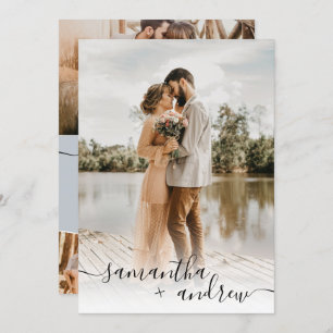 Convites Escrito azul moderno minimalista 5 fotos casamento