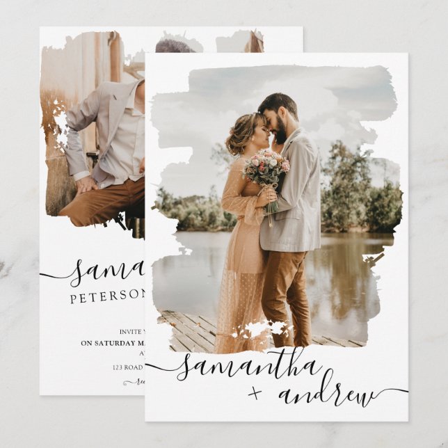 Convites Escrito branco moderno para bruços 2 fotos casamen (Frente/Verso)