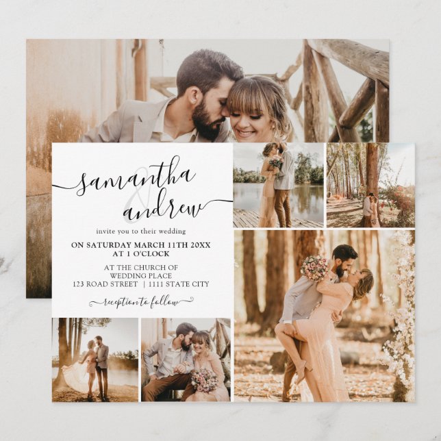 Convites Escrito branco preto moderno 6 fotos casamento (Frente/Verso)