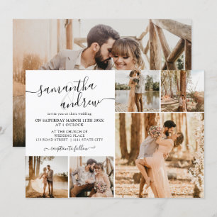 Convites Escrito branco preto moderno 6 fotos casamento