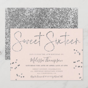 Convites Escrito brilhante prateado cor-de-rosa Sweet 16