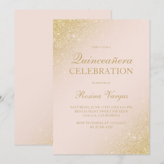 Convites Escrito com brilho dourado cor-de-rosa Quinceanera (Frente/Verso)