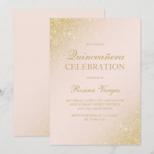 Convites Escrito com brilho dourado cor-de-rosa Quinceanera