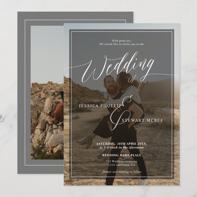 Convites Escrito de casamento preto e branco moderno 2 foto (Frente/Verso)