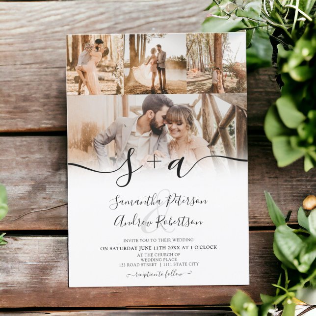 Convites Escrito de iniciais simples moderno 5 fotos casame (Modern simple initials script 5 photos wedding invitation)