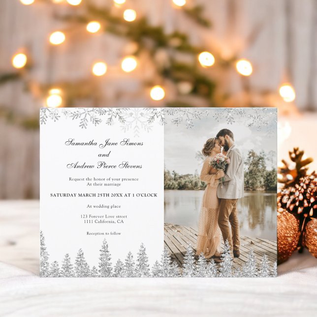Convites Escrito de neve de prata moderna para o inverno 1  (Modern silver winter snow script 1 photo wedding invitation)