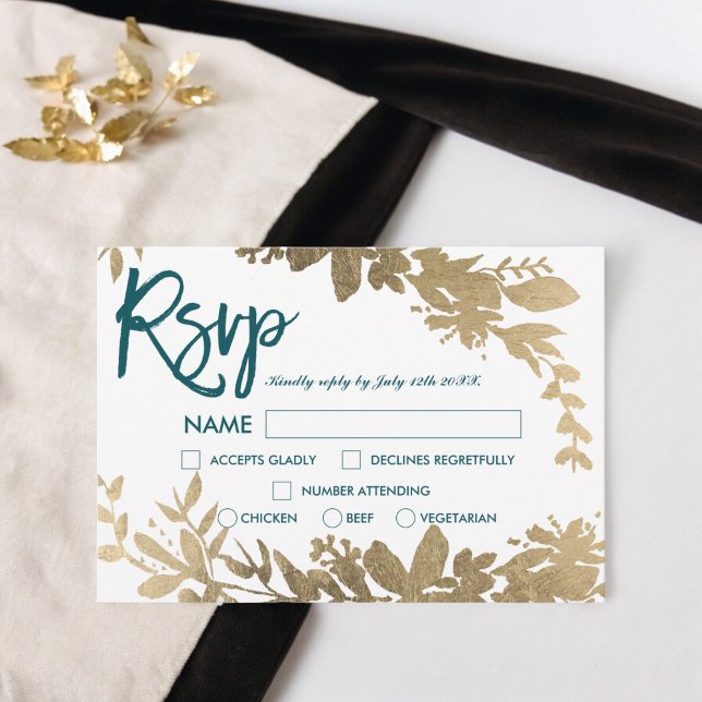 Convites Escrito em chic teal Folha de ouro Floral casament (Chic teal script Floral gold leaf rsvp wedding Invitation)