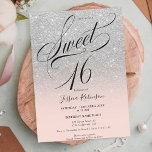 Convites Escrito em forma de microfone, cor-de-rosa, brilha<br><div class="desc">A cinza Glam brilha,  brilha ombre,  brilha uma festa de aniversário doce 16 elegante,  com uma escova de caligrafia elegante. Adicionar a sua fotografia</div>