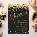 Convites Escrito em ouro preto elegante Sweet 16<br><div class="desc">Um 16 convite moderno. Um fundo negro e a palavra dezesseis escrita com letras grandes. Decorado com confete de ouro. Personalize e adicione um nome e detalhes da parte.</div>