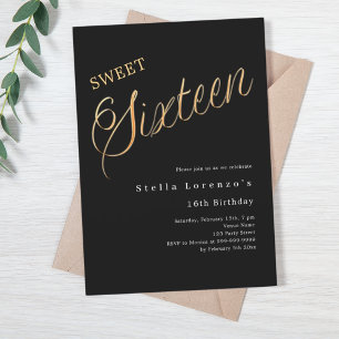 Convites Escrito em ouro preto elegante Sweet 16