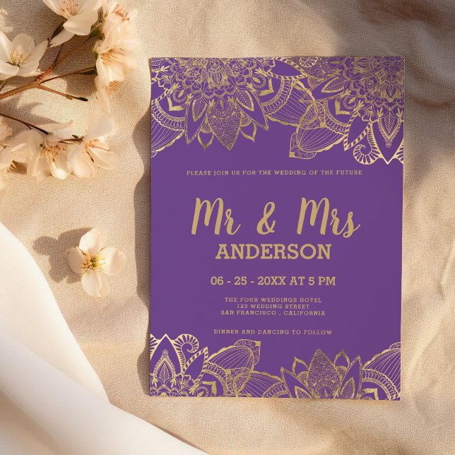 Convites Escrito em ouro roxo chico MR. mandala Wedding (Chic purple gold script MR MRS mandala Wedding )