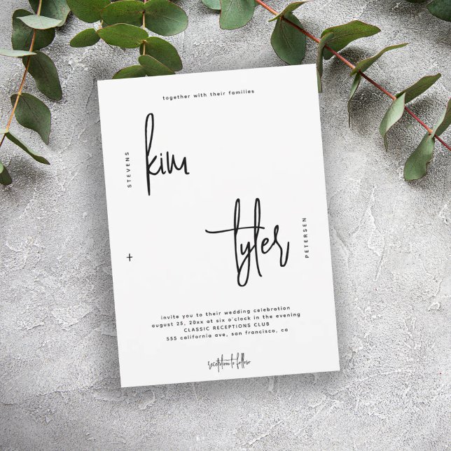 Convites Escrito minimalista moderno casamento branco e pre (Criador carregado)