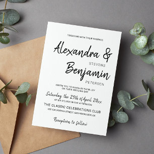 Convites Escrito minimalista moderno casamento branco e pre