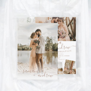 Convites Escrito mínimo castanho moderno 5 fotos casamento