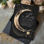 Convites Escrito na Festa de noivado Celestial das Estrelas<br><div class="desc">Este convite para a festa de noivado, apropriadamente chamado "Escrito nas Estrelas", faz uma mistura de romance e mistério através da sua linda design, apresentando uma lua crescente metálica, estrelas cintilantes, constelações distantes, galáxias não vistas e maravilhas celestiais. Cada elemento é meticulosamente trabalhado para corporificar a elegância sublime da noite...</div>