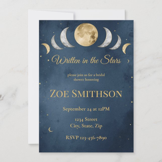 Convites Escrito nas Estrelas | Brida Celestial Navy & Gold (Frente)