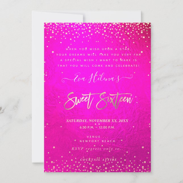 Convites Escrito no Stars Sweet 16, Flashy Neon Pink (Frente)