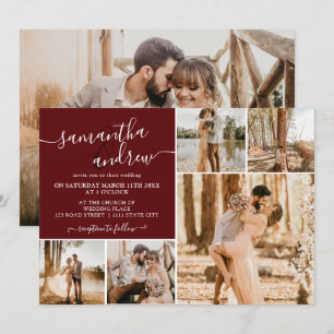 Convites Escrito vermelho moderno de burgundy 6 fotos casam