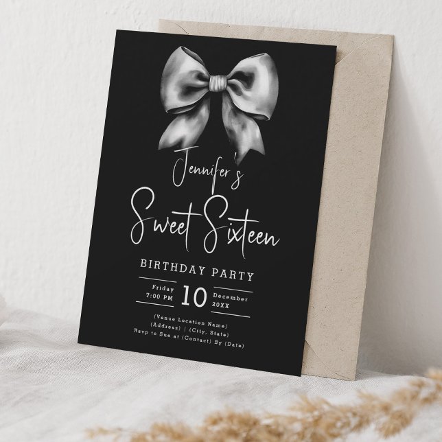Convites Escritor de coquete de Arco bonito, 16 partes pret (Cute Bow Coquette Script Sweet 16 Party Black Invitation)