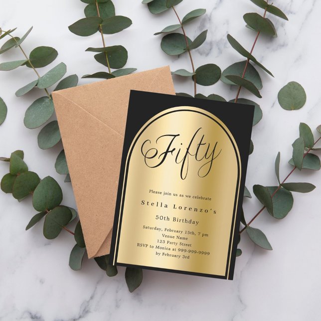 Convites Escritório de 50 anos de arco preto de ouro elegan (Criador carregado)