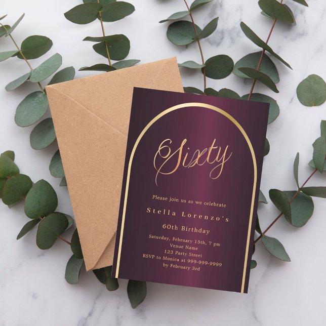 Convites Escritura de arco de ouro burgundy de 60 anos eleg (Criador carregado)