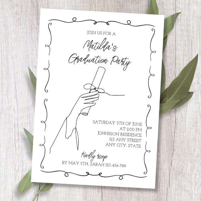Convites Escrivar Festa de formatura Preta e Branca Desenha (Hand Drawn Black & White Chic 2024 Graduation Invitation)