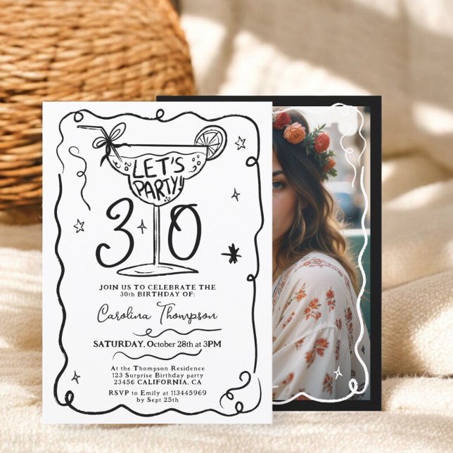 Convites Escrivores brancas-pretas, quiricas, de 30 anos (Black white quirky whimsical scribbles 30 birthday invitation)