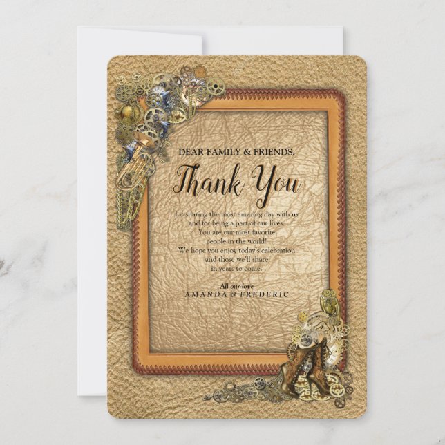 Convites Esculturas Góticas - Steampunk em Couro Obrigado (Frente)