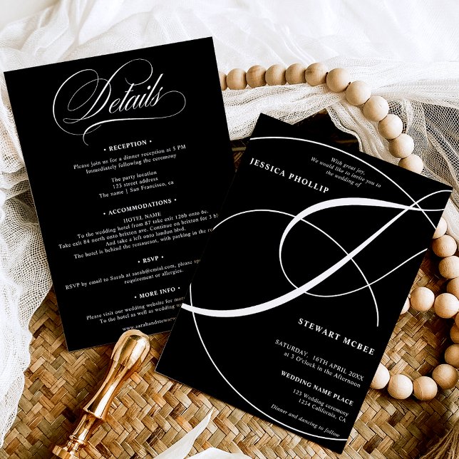 Convites Escuro branco todo em um casamento de caligrafia (Script white black all in one calligraphy wedding invitation)