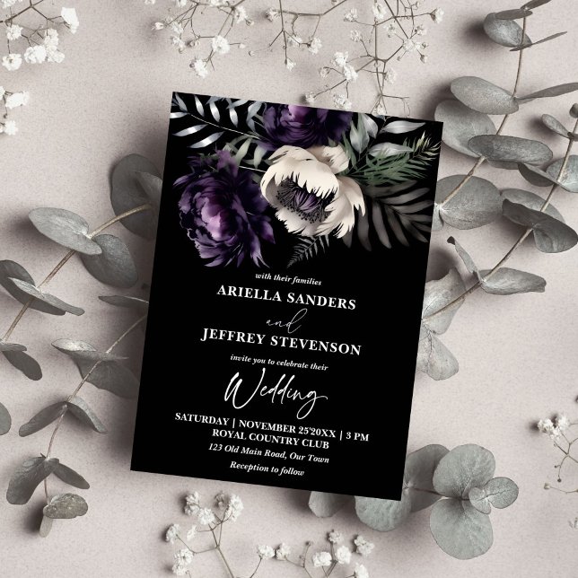 Convites Escuro elegante de vassoura, tudo em um casamento (Dark moody boho elegant all in one wedding editable template invitation digital download purple)