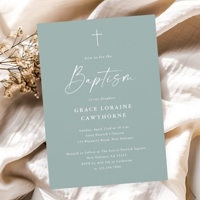 Convites Escuro Elegante Moderno Sage Batismo Verde (Modern elegant script sage green gender neutral baptism invitation.)