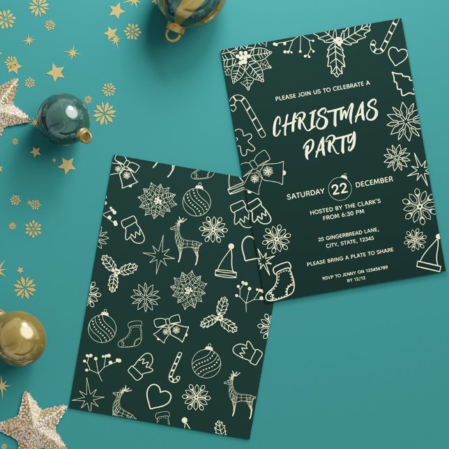 Convites Escuro Mínimo Moderno Verde e Dourado Natal Elegan (Modern Minimalist Dark Green and Gold Elegant Xmas Invitation)