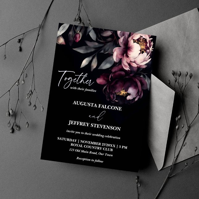 Convites Escuro, noir elegante, tudo em um casamento (Dark moody noir elegant all in one wedding template invitation digital download burgundy peonies)