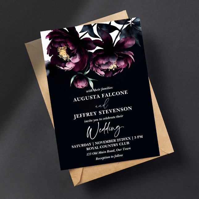 Convites Escuro, noir elegante, tudo em um casamento (Dark moody noir peonies elegant all in one wedding editable template invitation digital download )