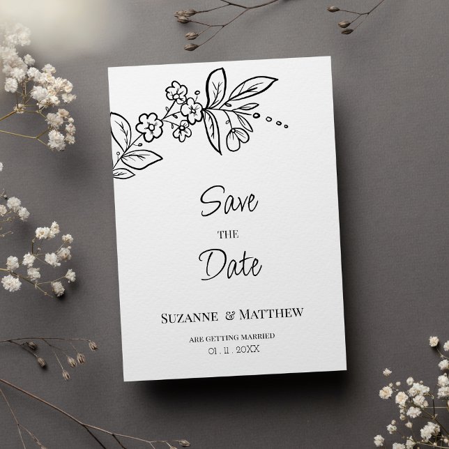 Convites Escuro preto branco simples floral Salve a data (Elegant black white simple floral Save the Date)