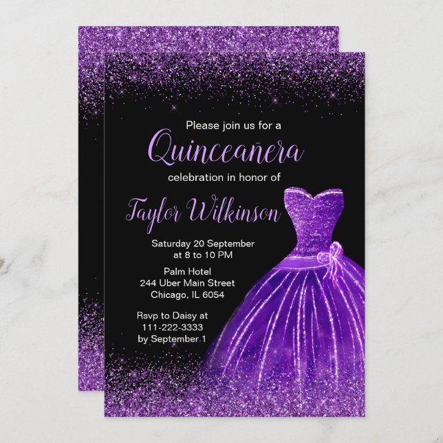 Convites Escuro Roxo Faux Glitter Quinceanera (Frente/Verso)