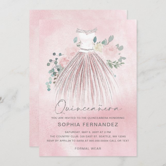 Convites Esfregaço de Prata Vestido Floral Quinceañera (Frente/Verso)