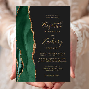 Convites Esmeralda Chic Verde Dourado Ágata Escura Casament
