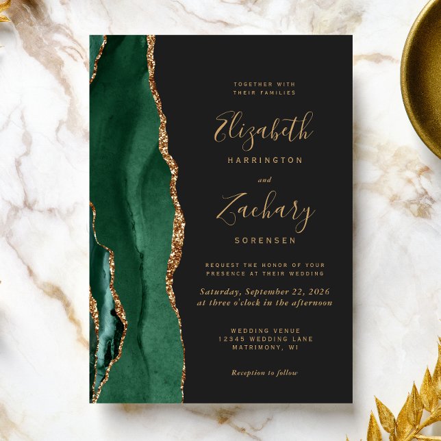 Convites Esmeralda Chic Verde Dourado Ágata Escura Casament (The perfect choice for an emerald green themed wedding.)