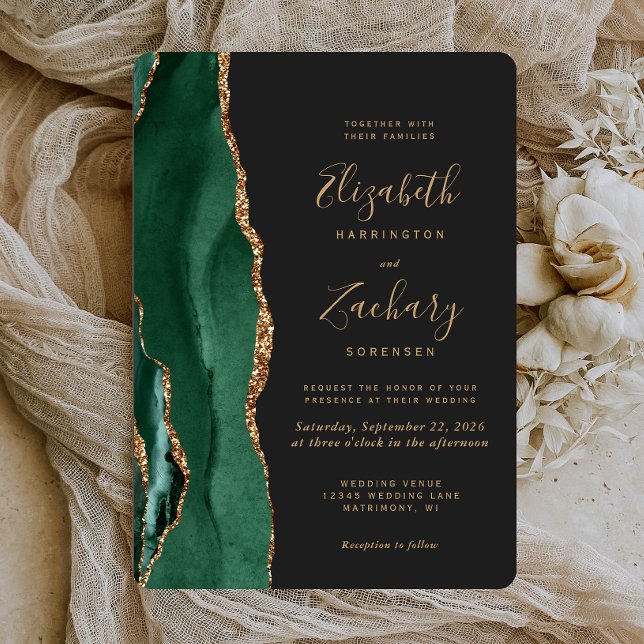 Convites Esmeralda Chic Verde Dourado Ágata Escuro Arredond (Criador carregado)