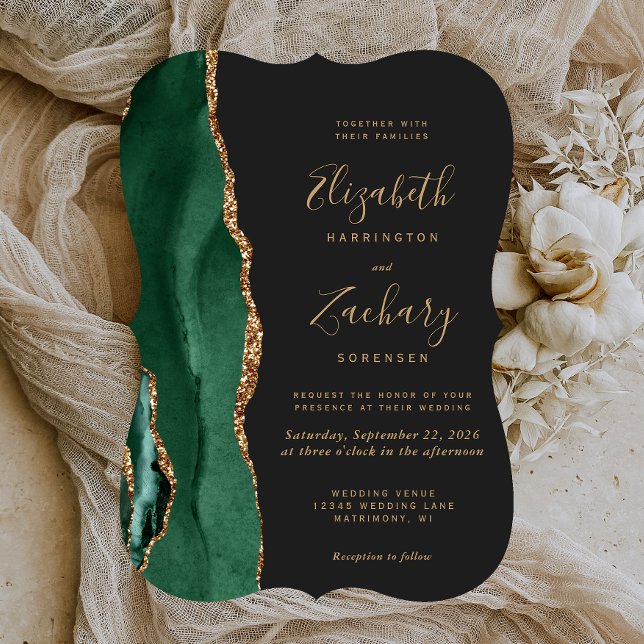 Convites Esmeralda Chic Verde Dourado Ágata Escuro Suporte  (Criador carregado)