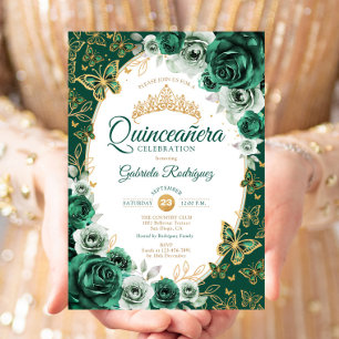 Convites Esmeralda Chic Verde Dourado Floral Quinceanera