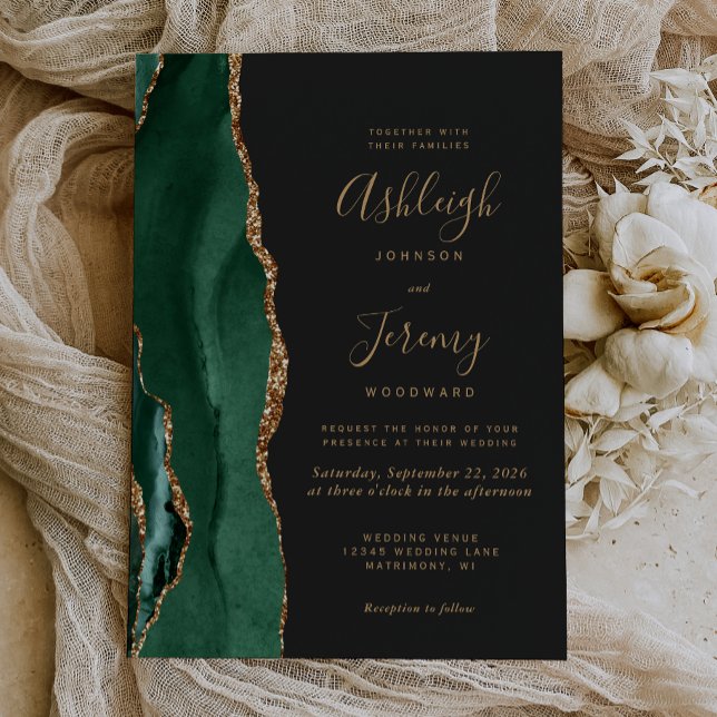 Convites Esmeralda Chic Verde Ouro Ágata Escuro Casamento (Criador carregado)