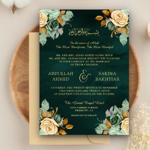 Convites Esmeralda Creme Floral Dourado Código QR Casamento