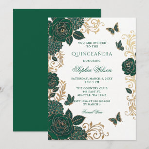 Convites Esmeralda Floral Borboleta Dourada Quinceañera