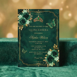 Convites Esmeralda Floral Borboleta Dourada Quinceañera