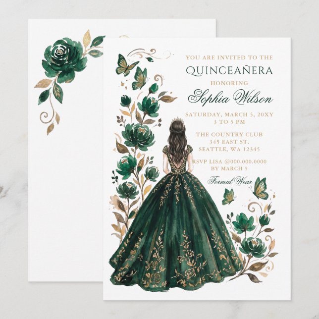 Convites Esmeralda Floral Princesa Borboleta Dourada Quince (Frente/Verso)