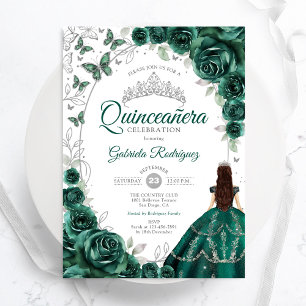 Convites Esmeralda Floral Verde Prata Quinceanera